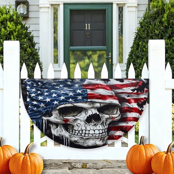 RKSupls American Flag Skull Patriotic Half Round American Flag Banner 1776-2026, USA Independence Day Fence Porch Hanging Decor
