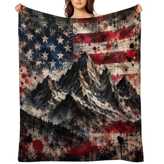 RKSupls American Mountains Grunge Flag Art Soft Flannel Throw Blanket, Lightweight Fuzzy Warm Cozy Blanket for Couch Bed Home Travel Decor