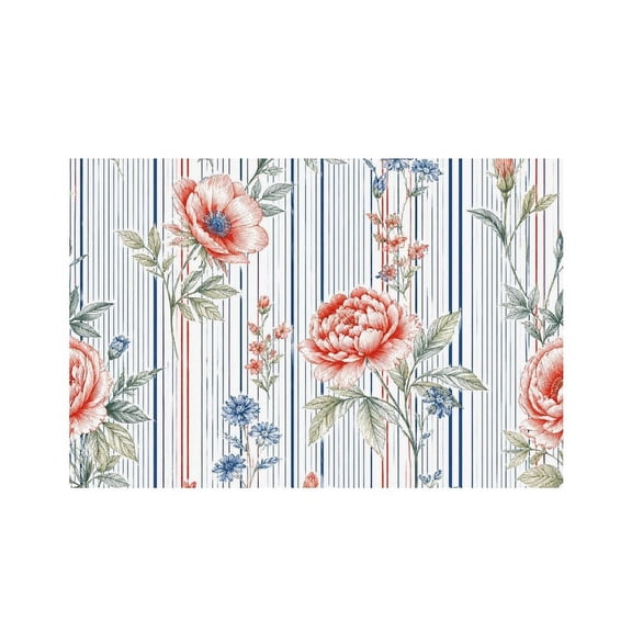 RKSupls Americana Floral Stripe Design Linen Placemats 30x45cm Straight Edge Stain Resistant Washable Non-Slip Table Mats Table for Kitchen Dining Room Home
