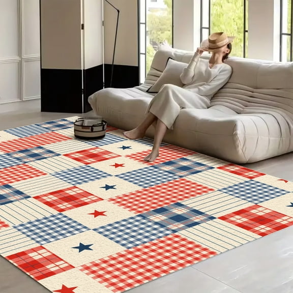 RKSupls Americana Gingham Tiny Stars Checkerboard Soft Fluffy Velvet Area Rug for Living Room Bedroom, Non-Slip Washable Carpet, Modern Minimalist Home Decor Floor Mat