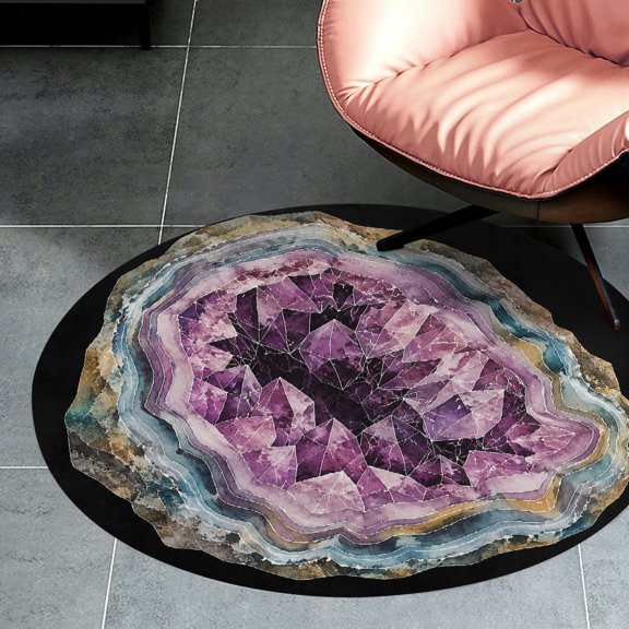 RKSupls Amethyst Geode Crystal Watercolor  Round Flannel Floor Mat, Soft Non-Slip Washable Rug  suitable for Living Room Bedroom Study, Decorative Floor Rug