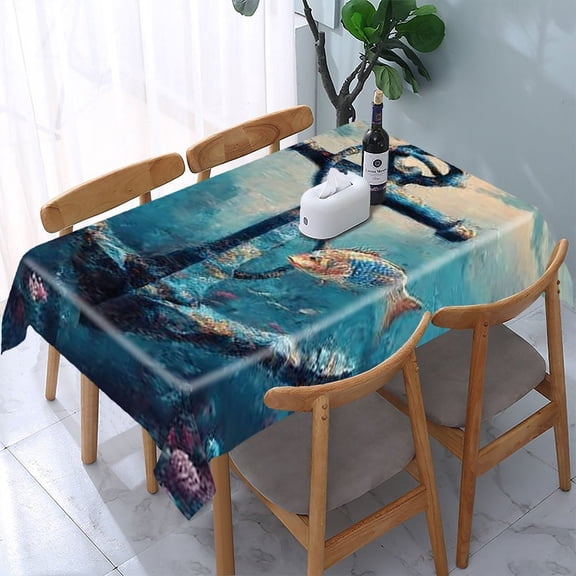 RKSupls Anchor Underwater Fish Rectangle Dining Tablecloth, Washable Wipeable Stain & Wrinkle Resistant Polyester Tablecloth for Kitchen Picnic Party