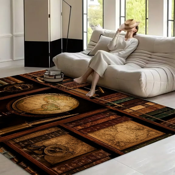 RKSupls Antique Globe And Navigation Instruments Soft Fluffy Velvet Area Rug for Living Room Bedroom, Non-Slip Washable Carpet, Modern Minimalist Home Decor Floor Mat