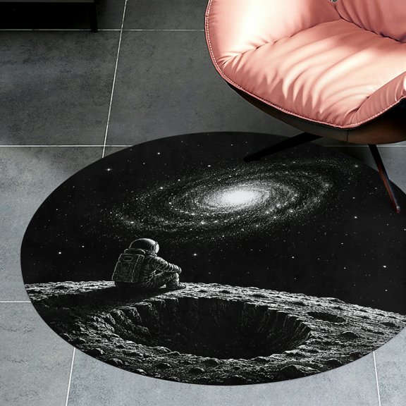 RKSupls Astronaut Gazing at Spiral Galaxy Round Flannel Floor Mat, Soft Non-Slip Washable Rug suitable for Living Room Bedroom Study, Decorative Floor Rug