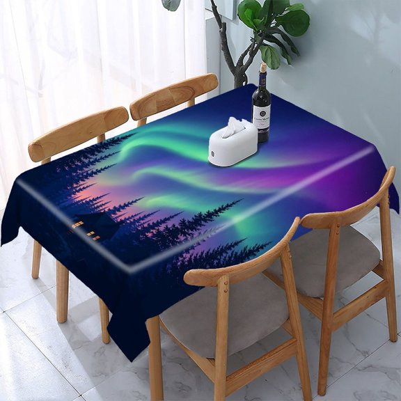 RKSupls Aurora Cabin Forest Night Rectangle Dining Tablecloth, Washable Wipeable Stain & Wrinkle Resistant Polyester Tablecloth for Kitchen Picnic Party