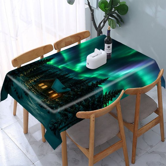 RKSupls Aurora Cabin Snow Night Rectangle Dining Tablecloth, Washable Wipeable Stain & Wrinkle Resistant Polyester Tablecloth for Kitchen Picnic Party