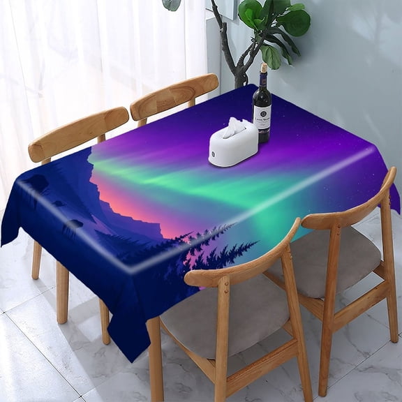RKSupls Aurora Deer Valley Night Rectangle Dining Tablecloth, Washable Wipeable Stain & Wrinkle Resistant Polyester Tablecloth for Kitchen Picnic Party