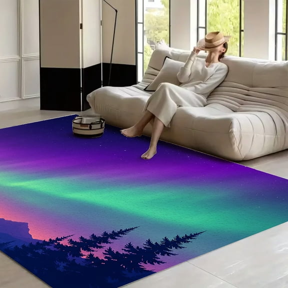RKSupls Aurora Deer Valley Night Soft Fluffy Velvet Area Rug for Living Room Bedroom, Non-Slip Washable Carpet, Modern Minimalist Home Decor Floor Mat