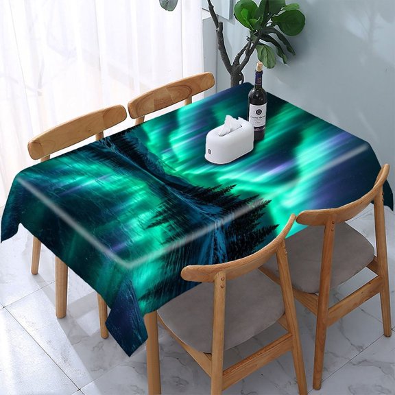 RKSupls Aurora Lake Pine Forest Rectangle Dining Tablecloth, Washable Wipeable Stain & Wrinkle Resistant Polyester Tablecloth for Kitchen Picnic Party