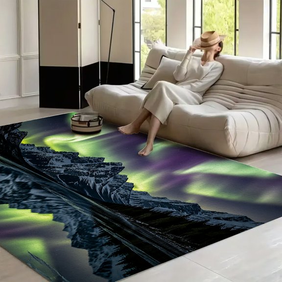 RKSupls Aurora Mountain Reflection Scene Soft Fluffy Velvet Area Rug for Living Room Bedroom, Non-Slip Washable Carpet, Modern Minimalist Home Decor Floor Mat