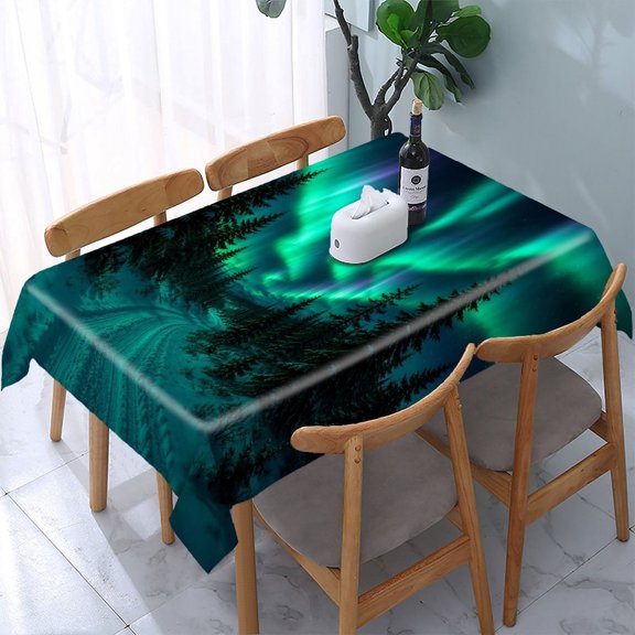 RKSupls Aurora Pine Snow Landscape Rectangle Dining Tablecloth, Washable Wipeable Stain & Wrinkle Resistant Polyester Tablecloth for Kitchen Picnic Party