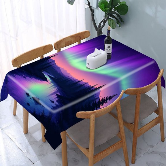 RKSupls Aurora River Night Landscape Rectangle Dining Tablecloth, Washable Wipeable Stain & Wrinkle Resistant Polyester Tablecloth for Kitchen Picnic Party