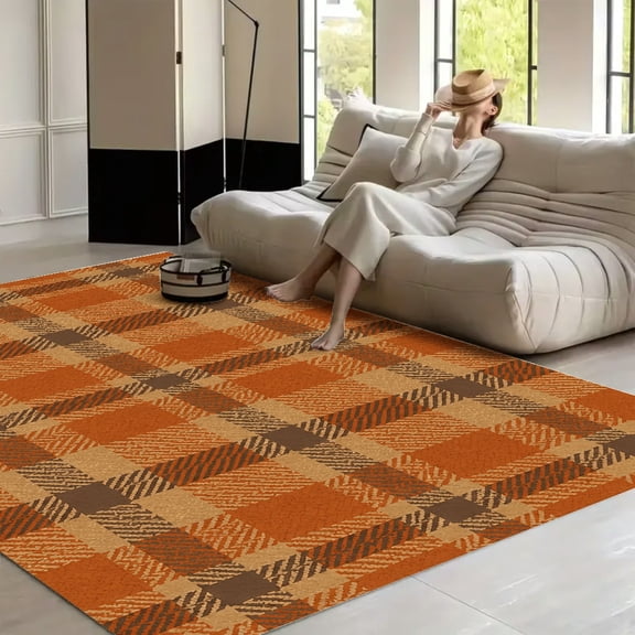 RKSupls 4x3ft Autumn Buffalo Check Orange Brown Rustic Pattern Soft Fluffy Velvet Area Rug for Living Room Bedroom, Non-Slip Washable Carpet, Chic Minimalist Home Decor