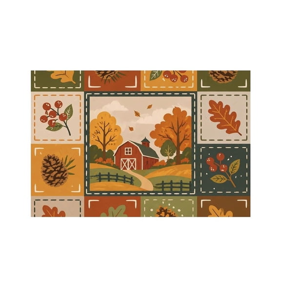 RKSupls Autumn Farm Patchwork Pattern Linen Placemats 30x45cm Straight Edge Stain Resistant Washable Non-Slip Table Mats Table for Kitchen Dining Room Home