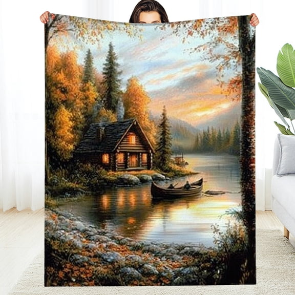 RKSupls Autumn Lake Cabin Canoe Soft Flannel Throw Blanket, Lightweight Fuzzy Warm Cozy Blanket for Couch Bed Home Travel Decor