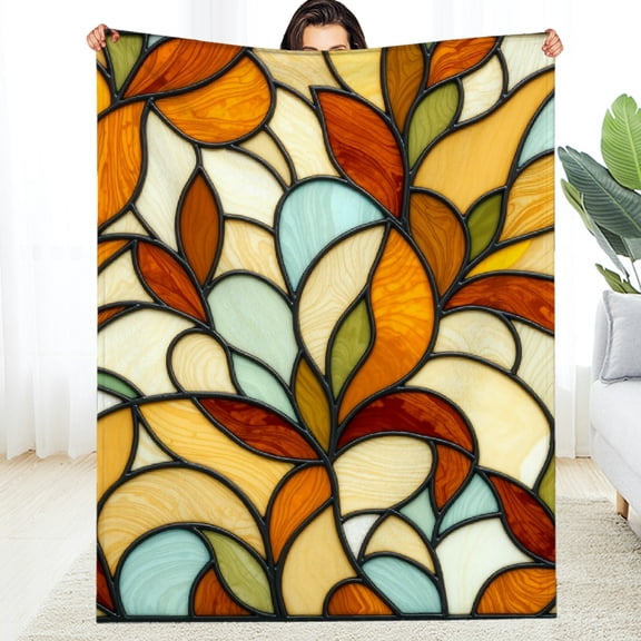 RKSupls Autumn Leaf Stained Glass Soft Flannel Throw Blanket, Lightweight Fuzzy Warm Cozy Blanket for Couch Bed Home Travel Decor