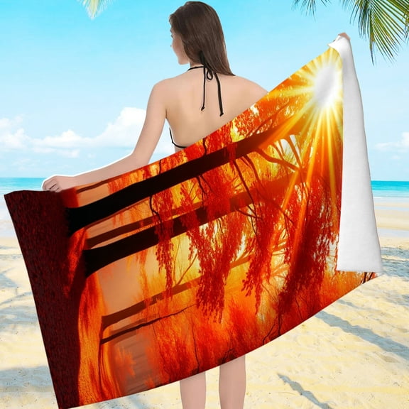 RKSupls Autumn Red Forest Sunbeam Misty Path Microfiber Beach Towel, Extra Large Quick Dry Lightweight Towel for Travel Swimming Camping, Soft Super Absorbent- 55.1x27.6in