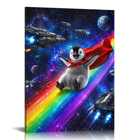 RKSupls Baby Penguin Superhero Sliding On Rainbow  Canvas Print, Canvas Wall Art,  Modern Art Bathroom Bedroom Kitchen Staircase Wall Decor Prints
