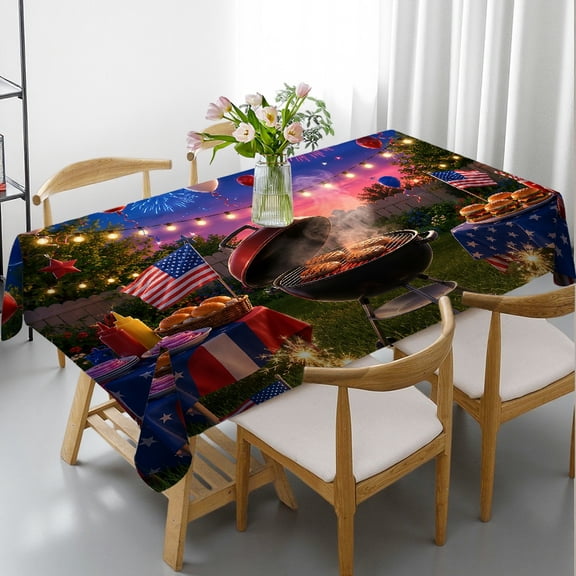 RKSupls  Backyard Bbq Fireworks Celebration Print Rectangle Dining Tablecloth, Machine-Made Holiday Party Tablecloth, Backyard Bbq Fireworks Celebration