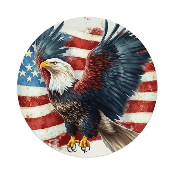 RKSupls Bald Eagle Spread Wings Flag 7.9x7.9in Round Aluminum Plaque Wall Art, UV Printed Vintage Metal Sign with Pre-Drilled Holes for Home Bar Garage Cafe Decor