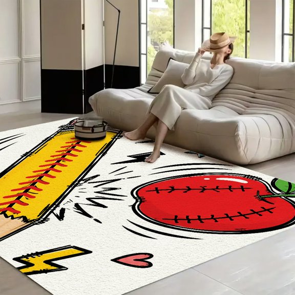 RKSupls Baseball Pencil Apple Sketch Soft Fluffy Velvet Area Rug for Living Room Bedroom, Non-Slip Washable Carpet, Modern Minimalist Home Decor Floor Mat