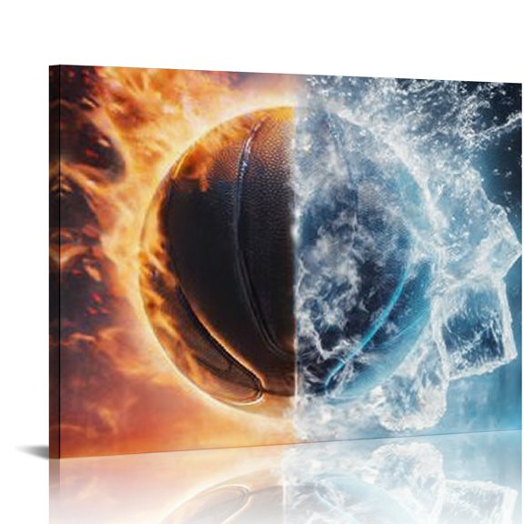 RKSupls Basketball Canvas Wall Art, Fire Ice Contrast Wall Decor Print, Modern Artwork for Living Room Bedroom Office Home Decor