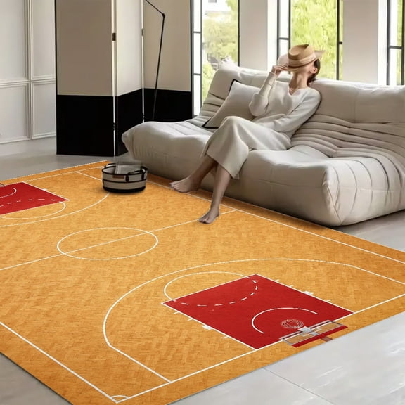 RKSupls Basketball Court Floor Soft Fluffy Velvet Area Rug for Living Room Bedroom, Non-Slip Washable Carpet, Modern Minimalist Home Decor Floor Mat