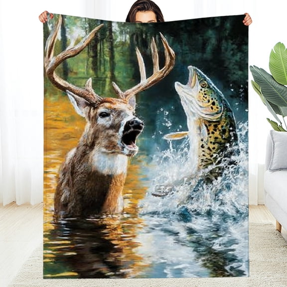RKSupls Bass Fish Deer Throw Blanket, Soft Warm Lightweight Flannel Throw Blanket for Couch, Bed, Outdoor, Cozy Fluffy Fuzzy Blankets for Women Boys Girls, Home Decor, 60*80in