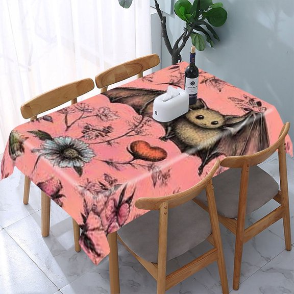 RKSupls Bat Flowers Pink Rectangle Dining Tablecloth, Washable Wipeable Stain & Wrinkle Resistant Polyester Tablecloth for Kitchen Picnic Party
