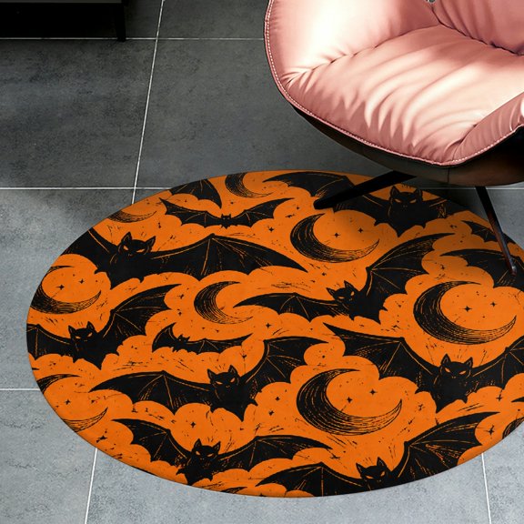 RKSupls Bat Moon Halloween Pattern Round Flannel Floor Mat, Soft Non-Slip Washable Rug suitable for Living Room Bedroom Nursery, Decorative Floor Rug