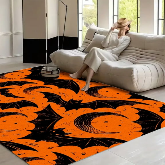 RKSupls Bat Moon Halloween Pattern Soft Fluffy Velvet Area Rug for Living Room Bedroom, Non-Slip Washable Carpet, Modern Minimalist Home Decor Floor Mat