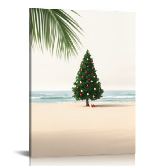 RKSupls Beach Christmas Tree Scene Canvas Wall Art, Canvas Prints Wall Art for Living Room Bedroom Entryway Office, Art Print Painting for Home Decor