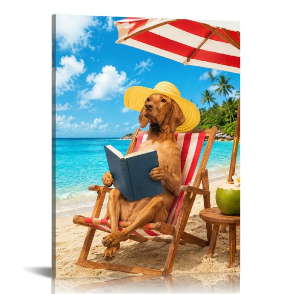 RKSupls Beach Dog Reading Book.png Canvas Print, Modern Art, Ready to Hang Bathroom Bedroom Kitchen Staircase Wall Decor Prints