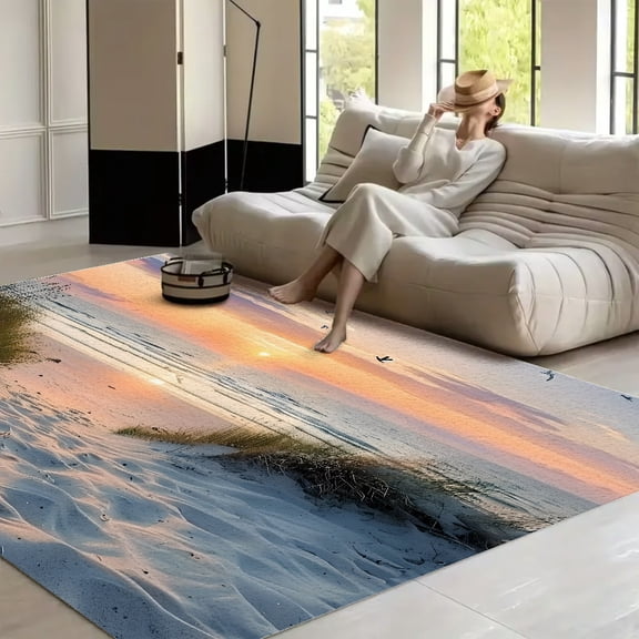 RKSupls Beach Sunset Birds Dunes Soft Fluffy Velvet Area Rug for Living Room Bedroom, Non-Slip Washable Carpet, Modern Minimalist Home Decor Floor Mat