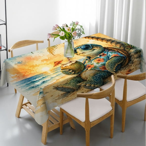 RKSupls Beach Turtle Enjoying Coconut Drink Rectangle Dining Tablecloth, Festive Table Setting - Holiday Party Tablecloth Rectangle Dining Tablecloth, Ideal for Kitchen Picnic Party