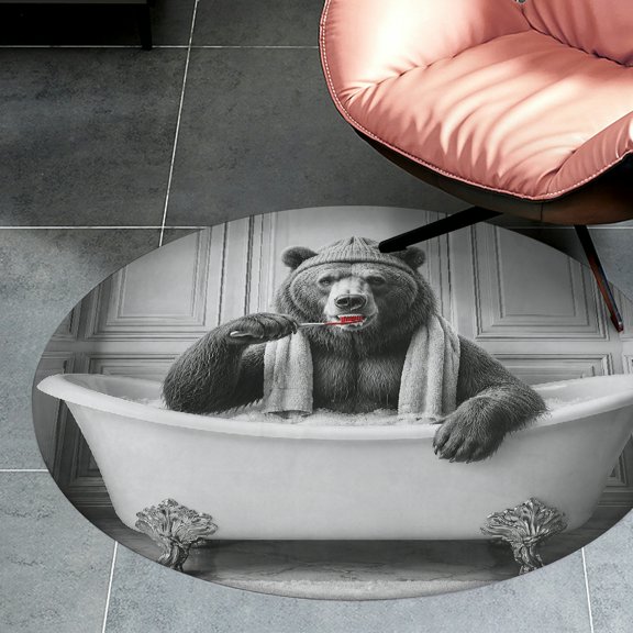 RKSupls Bear Brushing Teeth In Bathtub   Round Flannel Floor Mat, Soft Non-Slip Washable Rug  suitable for Living Room Bedroom Study, Decorative Floor Rug
