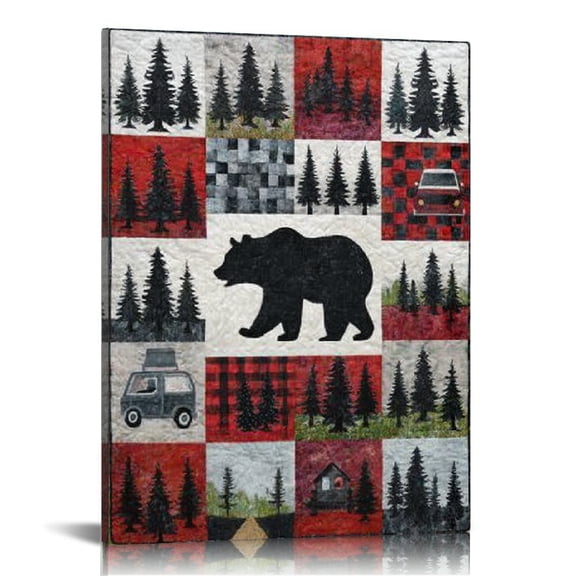 RKSupls Bear Cabin Tree Plaid Signs Canvas Wall Art, Canvas Prints Wall Art for Living Room Bedroom Bathroom Office, Art Print Painting for New Year Home Decorations,12x16in