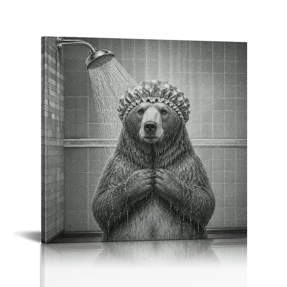 RKSupls Bear Shower Dark Tiles Wet Fur  Bathroom Wall Art, Wall Art Canvas Print,  Modern Wall Decor Bathroom Bedroom Kitchen Dining room Wall Decor Prints