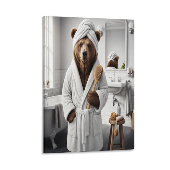 RKSupls Bear With Bath Brush Canvas Wall Art Framed Painting, Modern Home Decor Print for Living Room Bedroom Office Wall Decoration