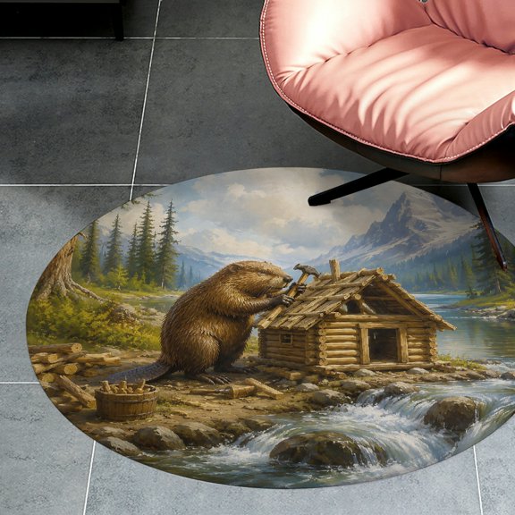 RKSupls Beaver Building Cabin River Round Flannel Floor Mat, Soft Non-Slip Washable Rug suitable for Living Room Bedroom Study, Decorative Floor Rug