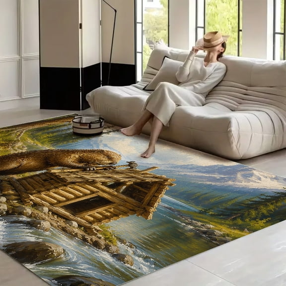 RKSupls Beaver Building Cabin River Soft Fluffy Velvet Area Rug for Living Room Bedroom, Non-Slip Washable Carpet, Modern Minimalist Home Decor Floor Mat