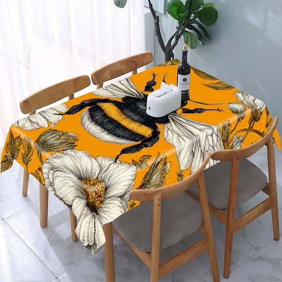 RKSupls Bee Flowers Orange Rectangle Dining Tablecloth, Washable Wipeable Stain & Wrinkle Resistant Polyester Tablecloth for Kitchen Picnic Party