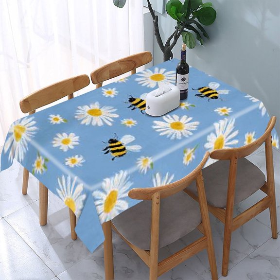 RKSupls Bees Daisies Pattern Rectangle Dining Tablecloth, Washable Wipeable Stain & Wrinkle Resistant Polyester Tablecloth for Kitchen Picnic Party