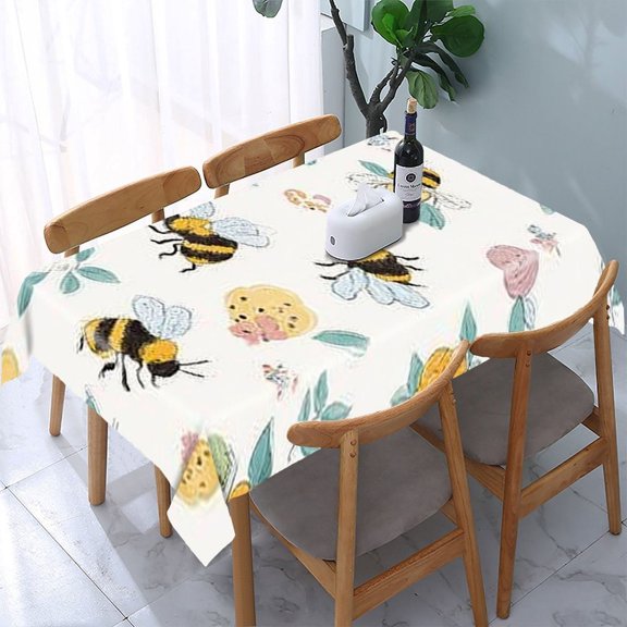 RKSupls Bees Flowers Pattern Rectangle Dining Tablecloth, Washable Wipeable Stain & Wrinkle Resistant Polyester Tablecloth for Kitchen Picnic Party