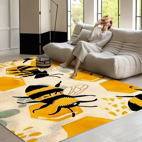 RKSupls Bees Honeycomb Yellow Pattern  Soft Fluffy Velvet Area Rug   for Living Room Bedroom, Non-Slip Washable Carpet, Modern Minimalist Home Decor Floor Mat
