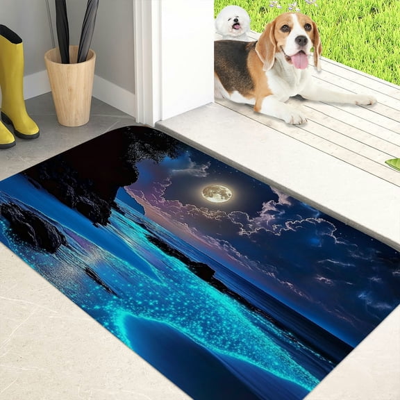 RKSupls Bioluminescent Beach Moon Flannel Floor Mat with Anti-Skid Backing Non-Slip Absorbent Machine Washable Indoor Rug for Bathroom Kitchen Entryway, 40*60cm