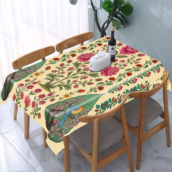 RKSupls Bird Flower Tree Pattern Rectangle Dining Tablecloth, Washable Wipeable Stain & Wrinkle Resistant Polyester Tablecloth for Kitchen Picnic Party