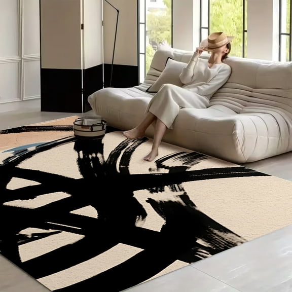 RKSupls Black Beige Abstract Brushstrokes Soft Fluffy Velvet Area Rug for Living Room Bedroom, Non-Slip Washable Carpet, Chic Minimalist Home Decor