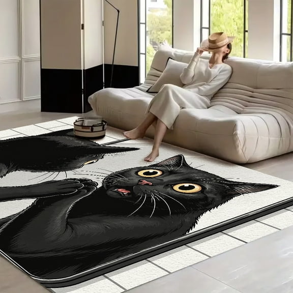 RKSupls Black Cat Mirror Reflection Shock Soft Fluffy Velvet Area Rug for Living Room Bedroom, Non-Slip Washable Carpet, Modern Minimalist Home Decor Floor Mat