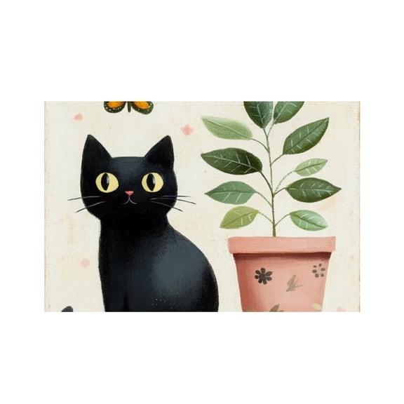 RKSupls Black Cat Plant Butterfly Linen Placemats 30x45cm Straight Edge Stain Resistant Washable Non-Slip Table Mats Table for Kitchen Dining Room Home